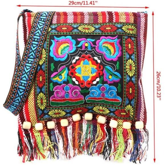 Vintage Ethnic Tribal Embroidered Tassel Sling Crossbody Boho Hippie ShoulderBag - Picture 2 of 6
